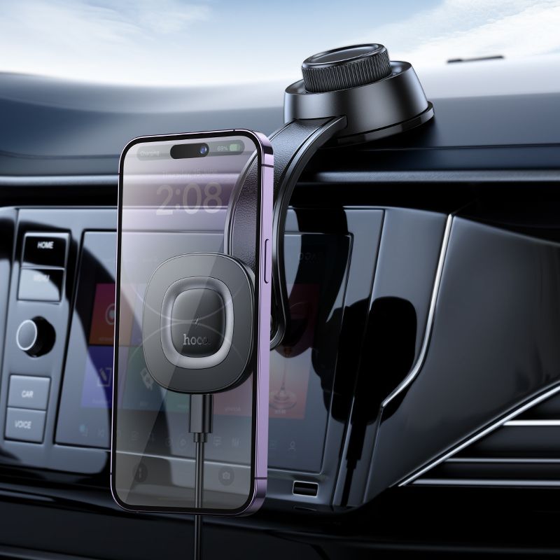 Автотримач для телефона з БЗП HOCO HW31 Crown magnetic wireless charging car holder(center console) Black Metal Gray