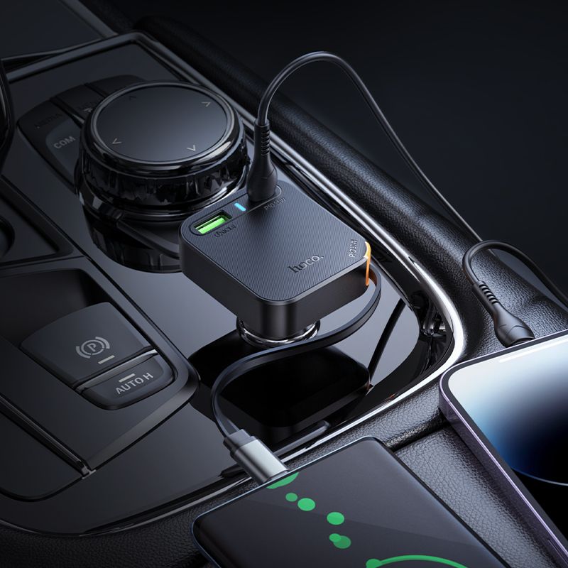 Автомобільний зарядний пристрій HOCONZ18 Guardian PD65W(2C1A) car charger with retractable cable Black