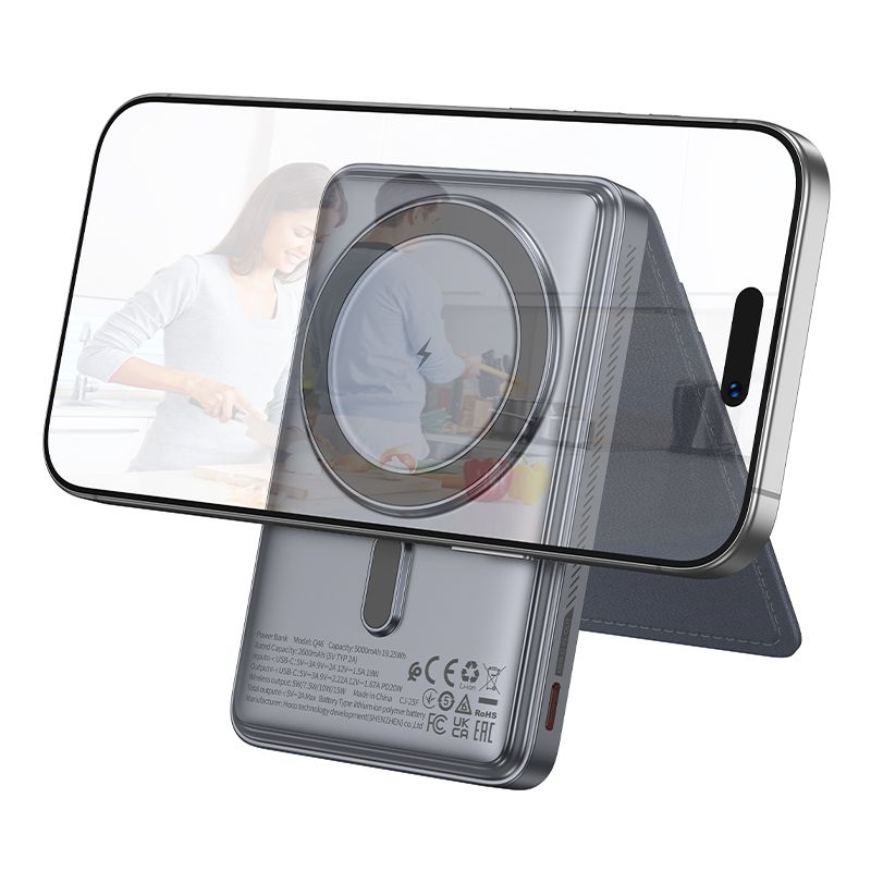 Зовнішній акумулятор HOCO Q46 Title PD20W magnetic power bank+card holder+phone holder(5000mAh) Silver Gray