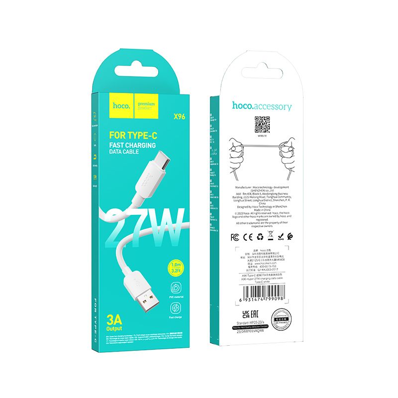 Кабель HOCO X96 Hyper 27W charging data cable Type-C White