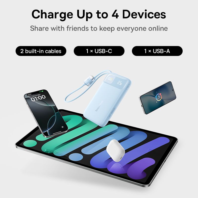 Зовнішній акумулятор Baseus EnerFill FC11 Digital Display Power Bank with Dual Built-in Cables 20000mAh 22.5W Cosmic Black