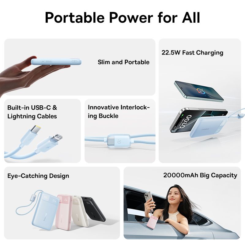 Зовнішній акумулятор Baseus EnerFill FC11 Digital Display Power Bank with Dual Built-in Cables 20000mAh 22.5W Cosmic Black