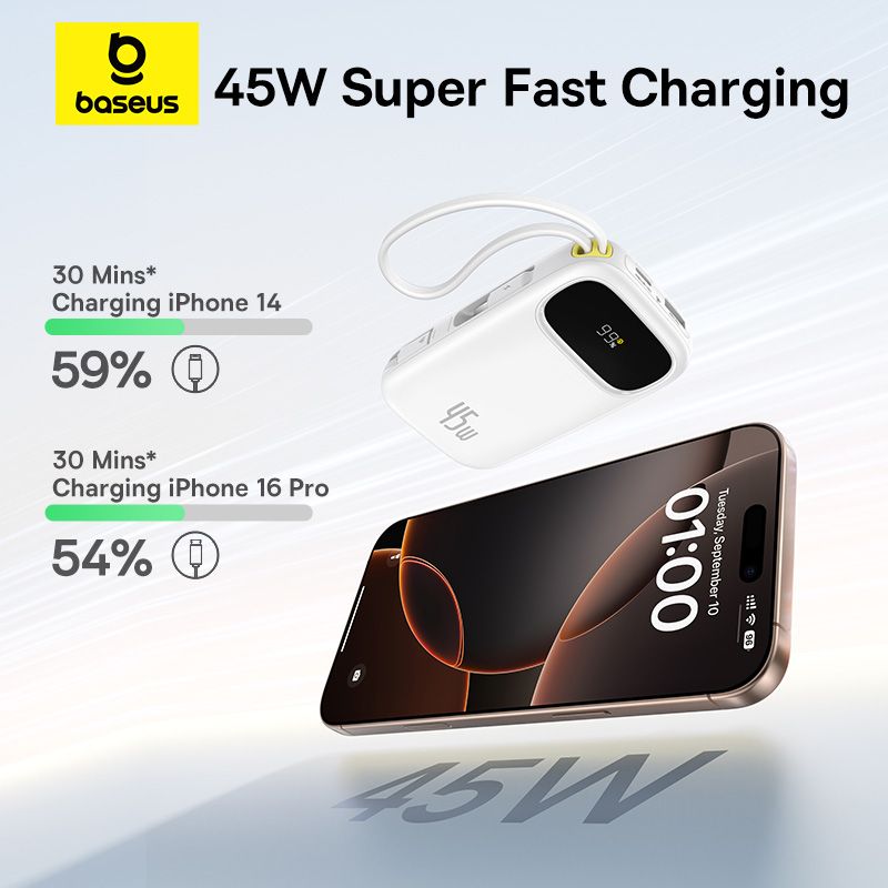 Зовнішній акумулятор Baseus EnerFill FC31 Qpow 3 Digital Display Power Bank with USB-C+iP Cables 20000mAh 45W Moon White