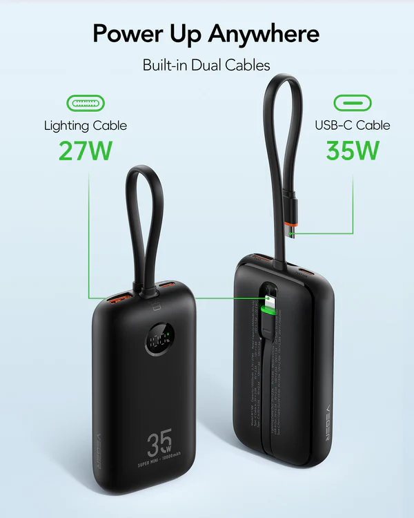 Зовнішній акумулятор VEGER 10000 mAh with built-in cables Type C / Lightning PD QC3.0 35W K1 (W1188) black