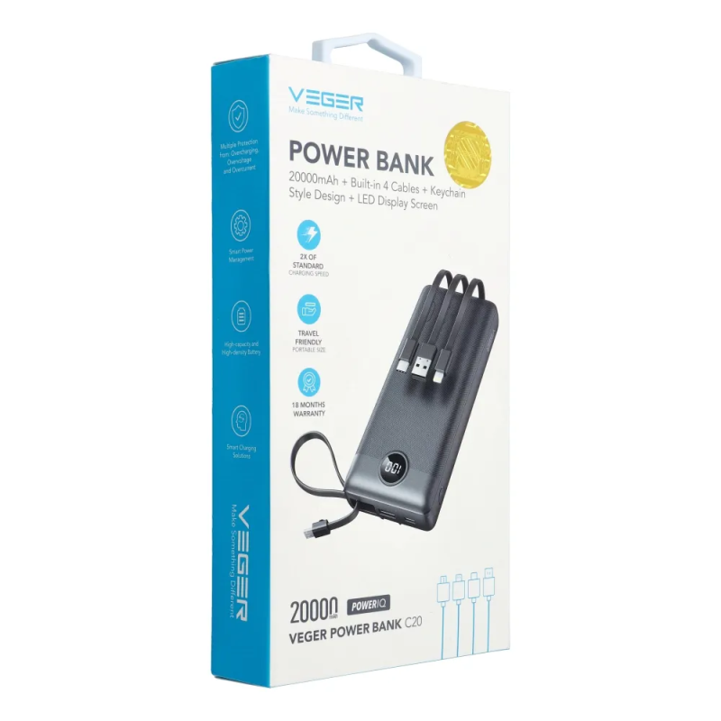 Зовнішній акумулятор VEGER 20000 mAh with built-in cables Micro USB / Type C / Lightning C20 (W2047 / W2059) black