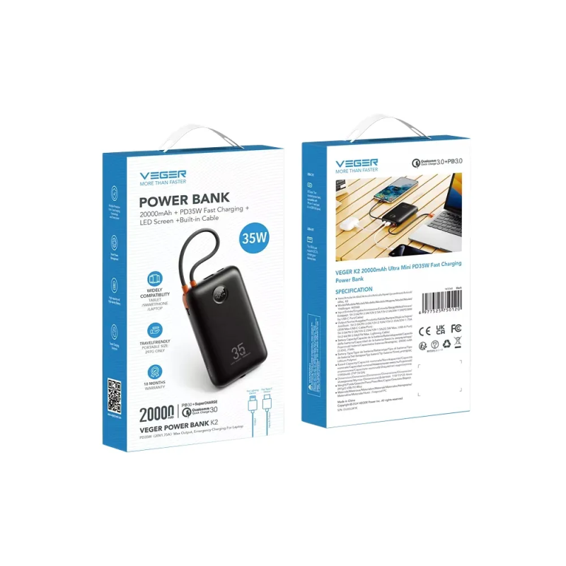 Зовнішній акумулятор VEGER 20000 mAh with built-in cables Type C / Lightning PD QC3.0 35W K2 (W2068) black