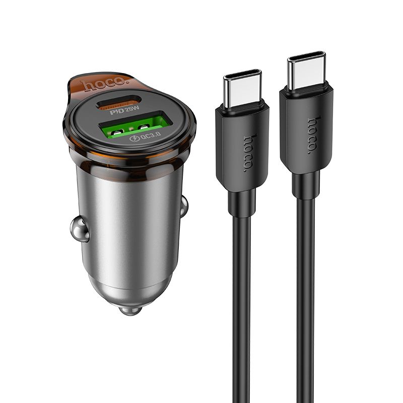 Автомобільний зарядний пристрій HOCO NZ16A Rigorous 43W dual port PD25W+QC3.0 car charger set(C to C) Metal Grey