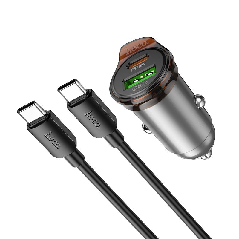 Автомобільний зарядний пристрій HOCO NZ16A Rigorous 43W dual port PD25W+QC3.0 car charger set(C to C) Metal Grey