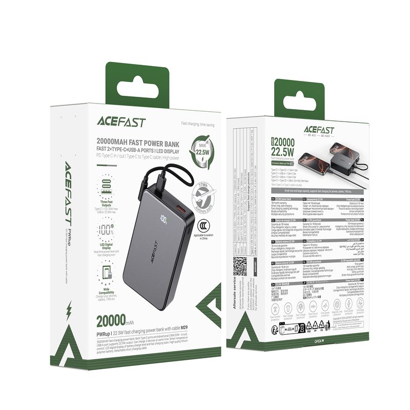 Зовнішній акумулятор ACEFAST M29-20000 22.5W fast charging power bank with cable Black