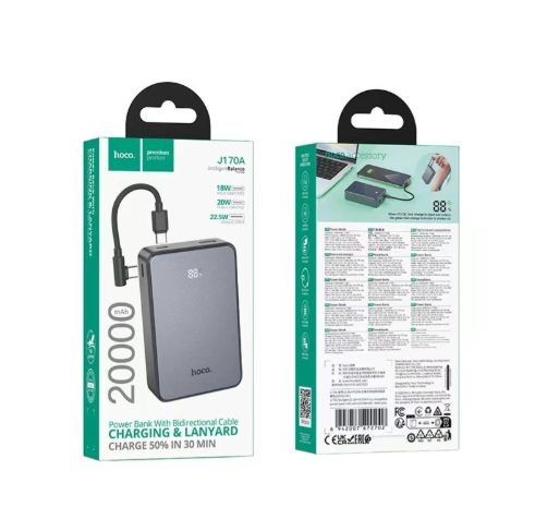 Зовнішній акумулятор HOCO J170A Starlight 22.5W+PD20W fully compatible power bank with cable(20000mAh) Metal Gray