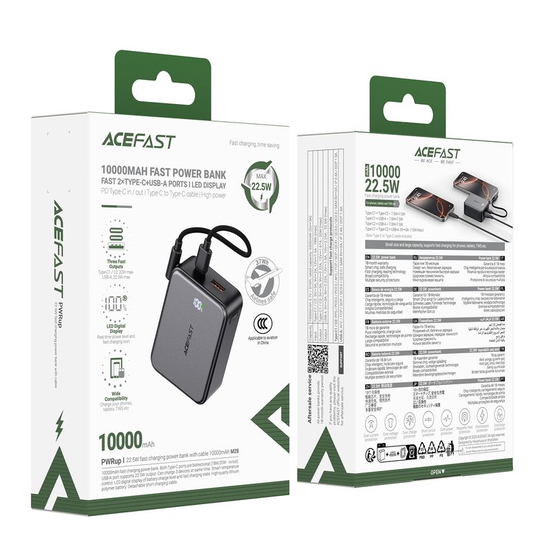 Зовнішній акумулятор ACEFAST M28-10000 22.5W fast charging power bank with cable Black