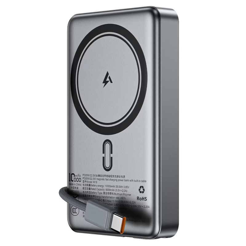 Зовнішній акумулятор ACEFAST M18-10000 PD20W/22.5W magnetic fast charging power bank with built-in cable Black