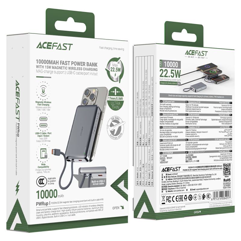Зовнішній акумулятор ACEFAST M18-10000 PD20W/22.5W magnetic fast charging power bank with built-in cable Black