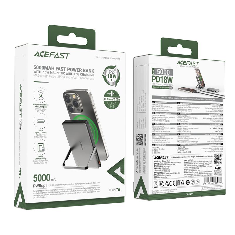 Зовнішній акумулятор ACEFAST M16-5000 PD18W ultra-thin magnetic wireless charging power bank with stand Black