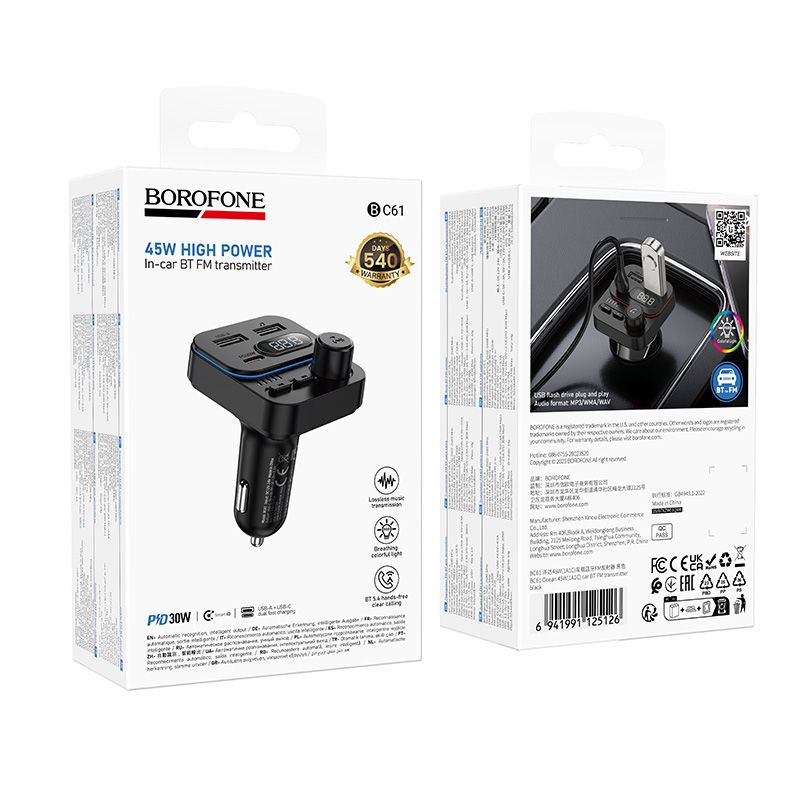 АЗП з FM-модулятором BOROFONE BC61 Ocean 45W(1A1C) car BT FM transmitter Black