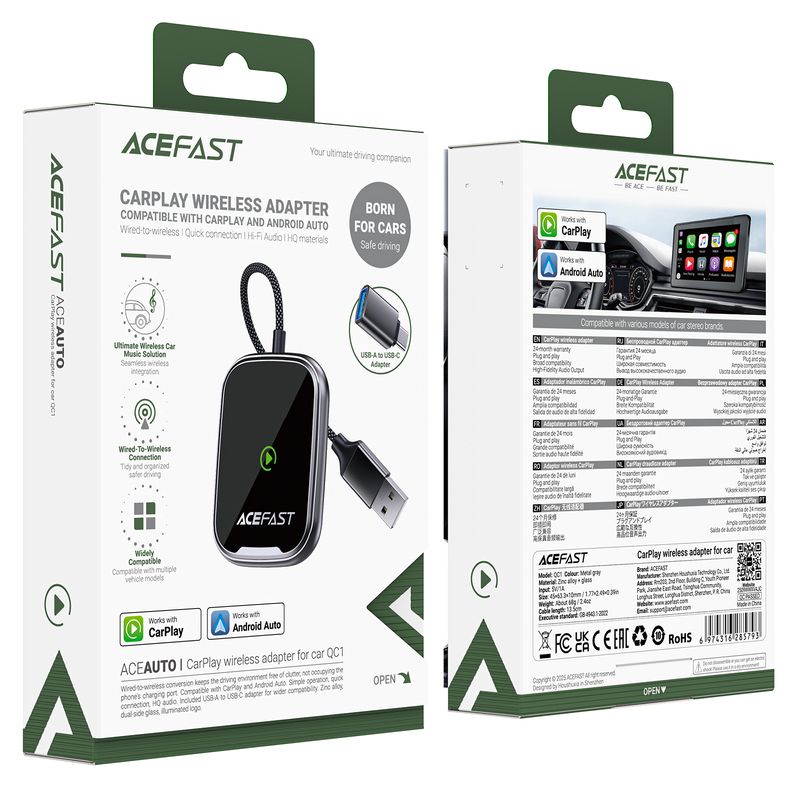 Адаптер ACEFAST QC1 CarPlay wireless adapter for car Metal Gray