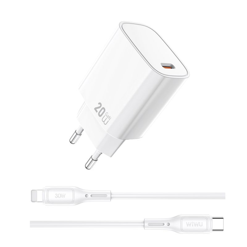 Мережевий зарядний пристрій WIWU 20W Essen GaN Fast Charger+ Cable Combo Wi-G007 C-L EU White