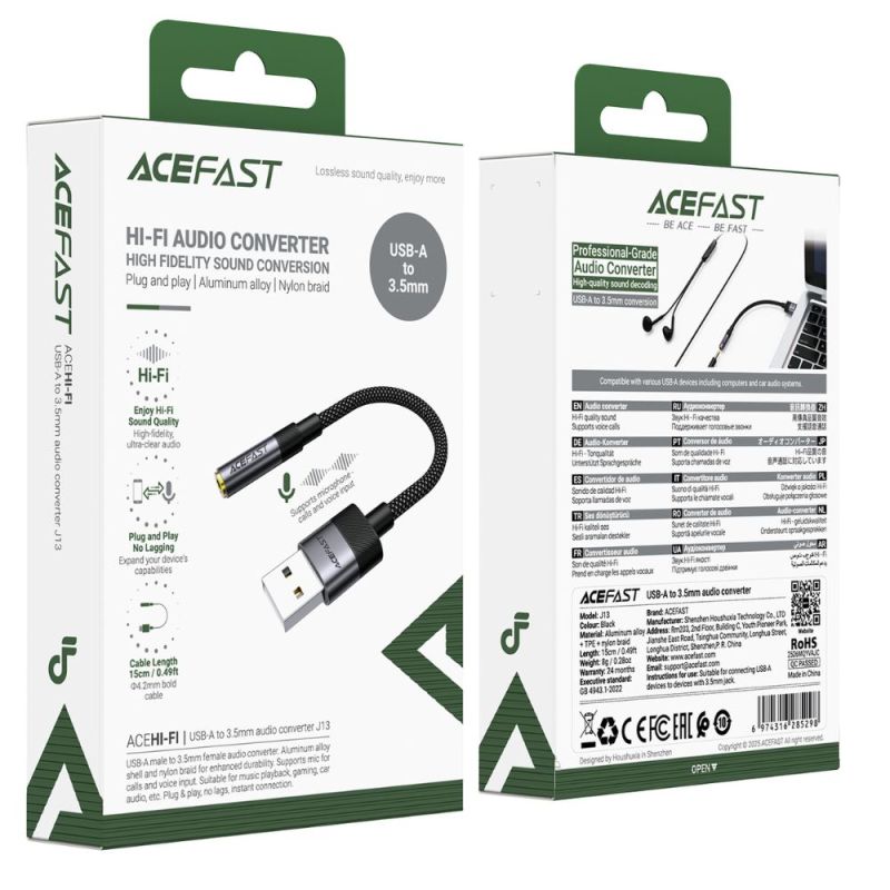Аудіокабель ACEFAST J13 USB-A to 3.5mm female, nylon braid, 0.15m, Black