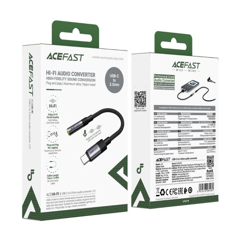 Аудіокабель ACEFAST J12 USB-C to 3.5mm audio converter Black