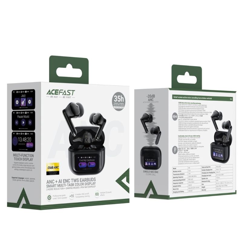 Бездротові навушники TWS ACEFAST W6 smart screen,ENC, IPX4, Black