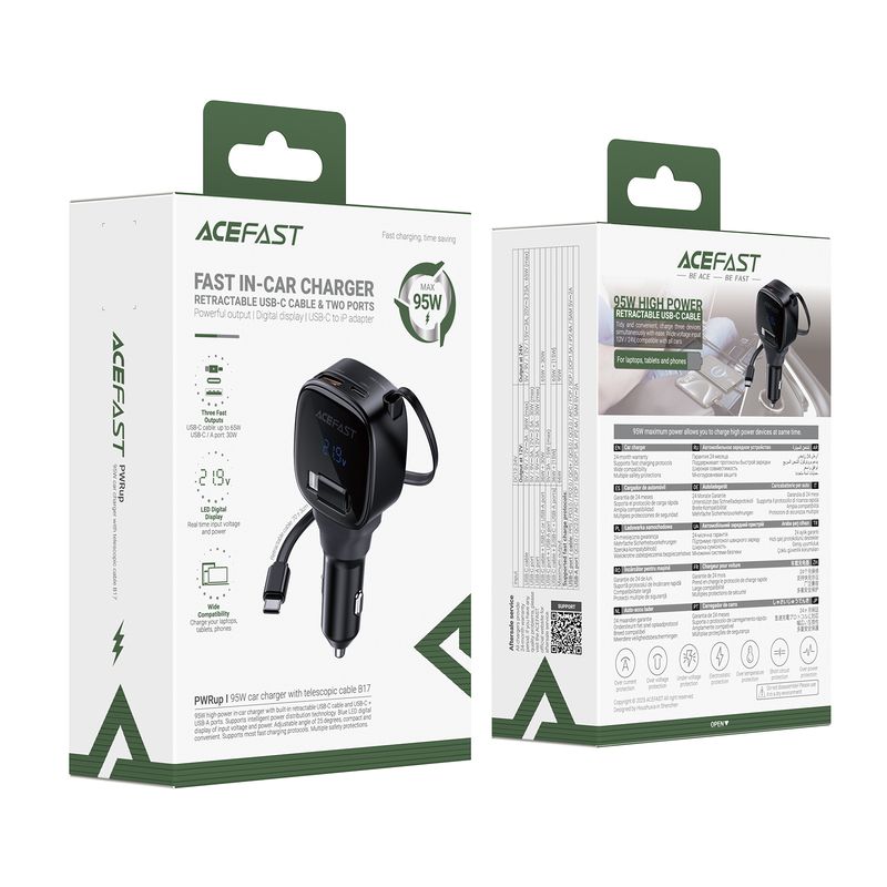Автомобільний зарядний пристрій ACEFAST B17 95W car charger with telescopic cable Black