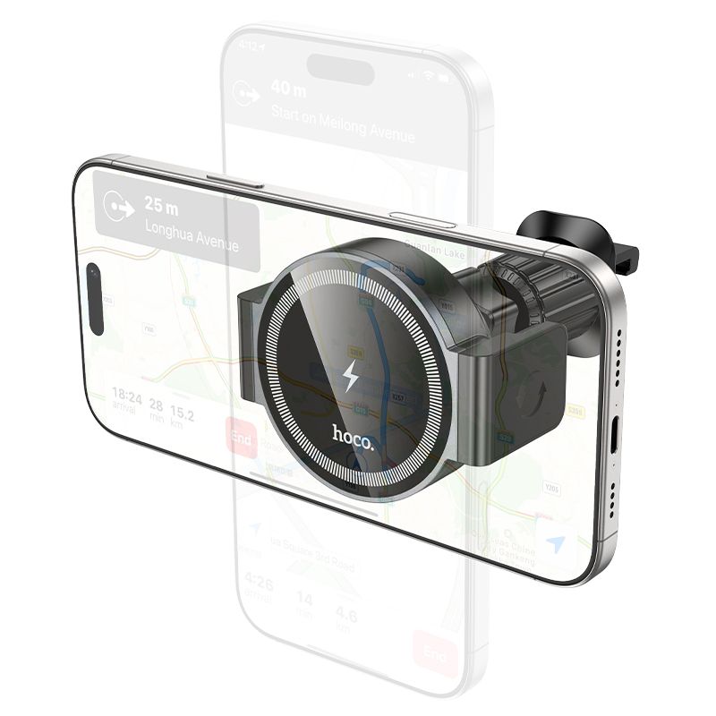 Автотримач для телефона з БЗП HOCO HW35 Power electric magnetic wireless fast charging car holder(air outlet) Black