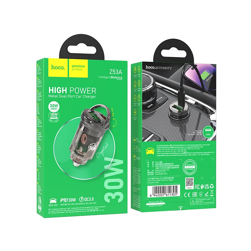Автомобільний зарядний пристрій HOCO Z53A Vision PD30W+QC3.0 car charger Transparent Black