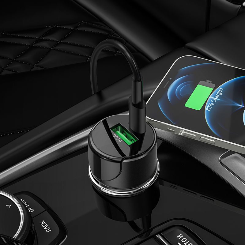 Автомобільний зарядний пристрій HOCO Z42 Light road dual port digital display PD20W+QC3.0 car charger Black