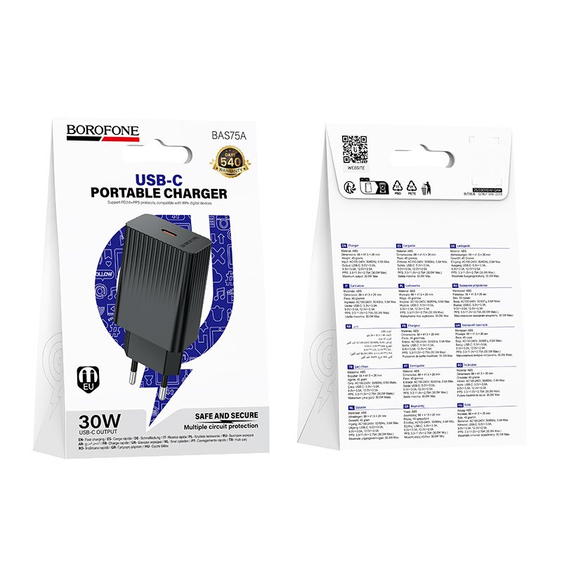 Мережевий зарядний пристрій BOROFONE BAS75A Source single port PD30W charger Black