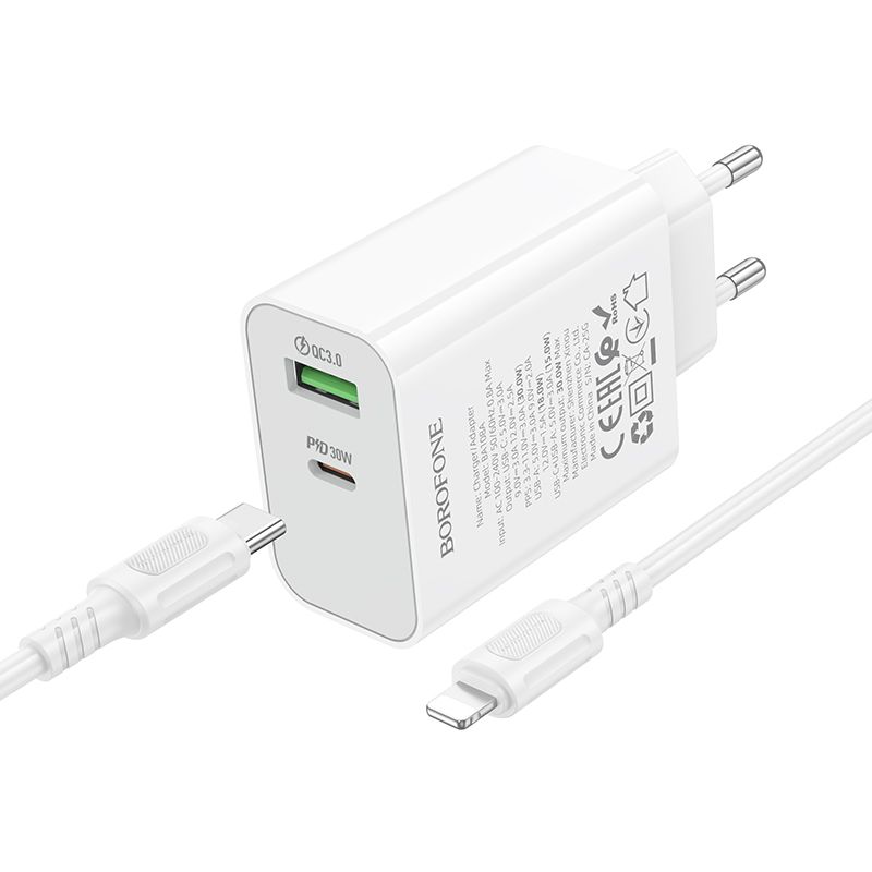 Мережевий зарядний пристрій BOROFONE BA108A Stellar PD30W+QC3.0 charger set (C to iP) (EU) White