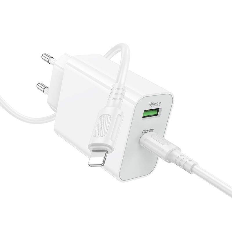 Мережевий зарядний пристрій BOROFONE BA108A Stellar PD30W+QC3.0 charger set (C to iP) (EU) White