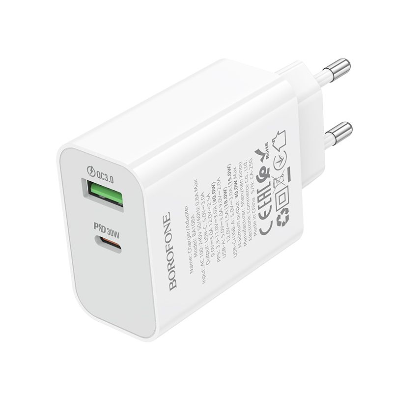 Мережевий зарядний пристрій BOROFONE BA108A Stellar PD30W+QC3.0 charger (EU) White