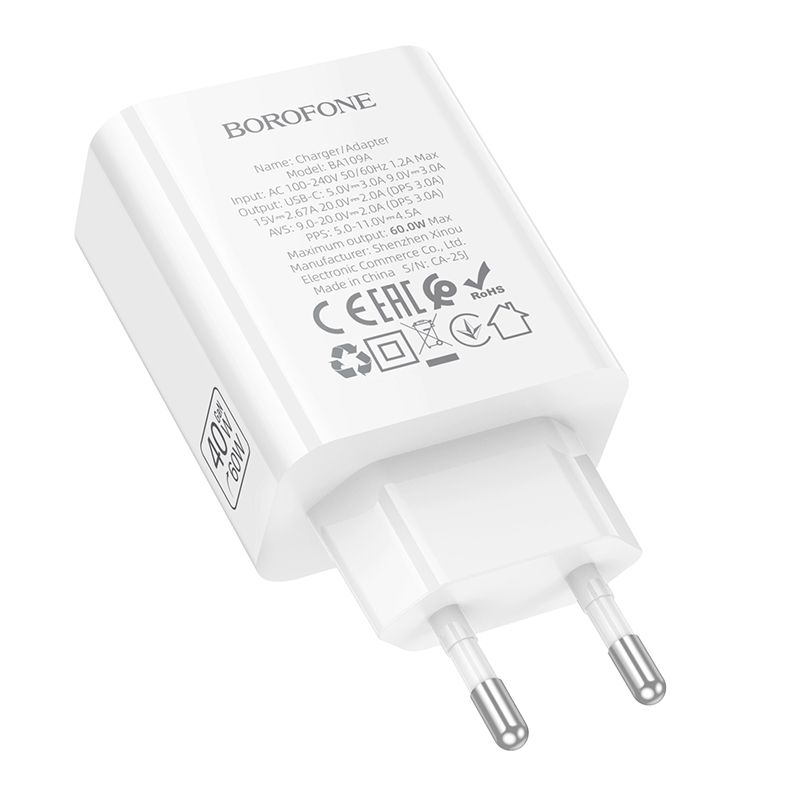 Мережевий зарядний пристрій BOROFONE BA109A Star single port PD40W charger (EU) White