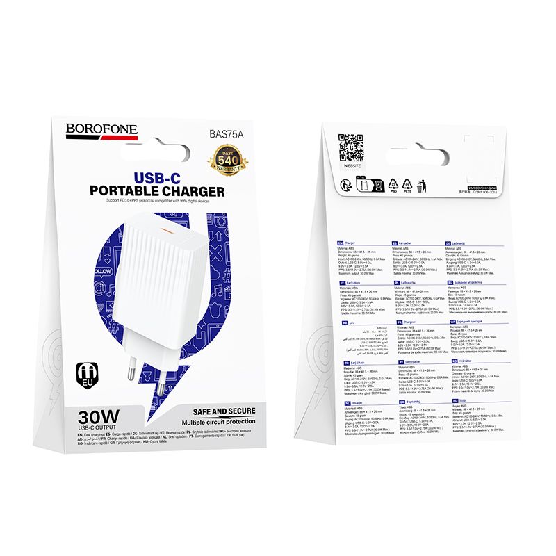 Мережевий зарядний пристрій BOROFONE BAS75A Source single port PD30W charger (EU) White
