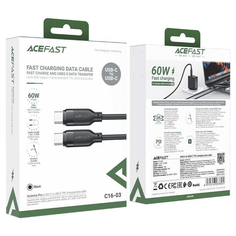 Кабель ACEFAST C16-03, Type-C to Type-C, 60W, 1.2m, TPE, TPU connectors, Black