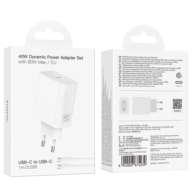 Мережевий зарядний пристрій HOCO C162A Source single port PD40W charger(EU) White