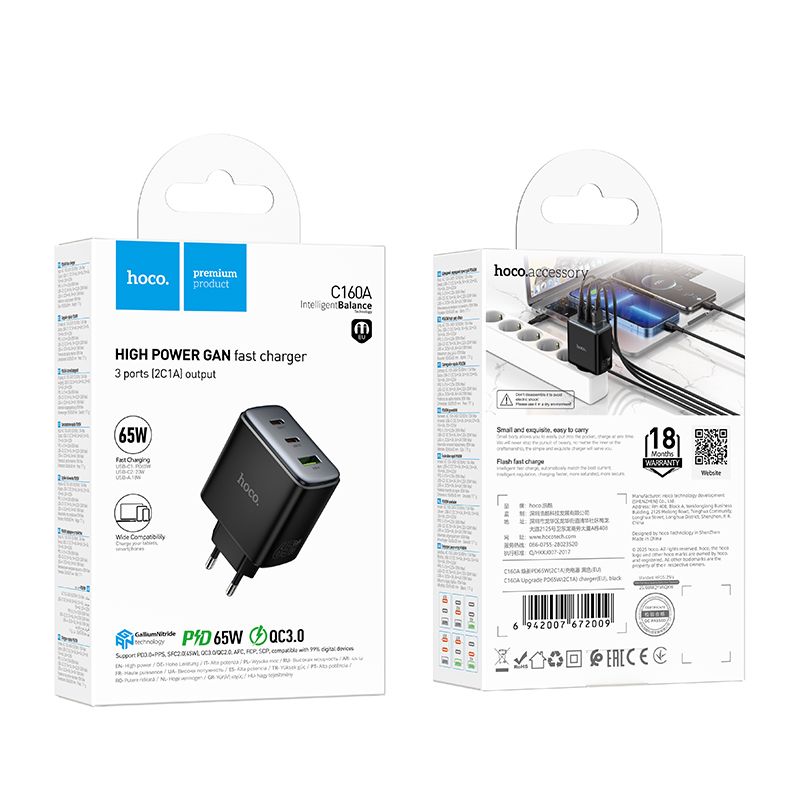 Мережевий зарядний пристрій HOCO C160A Upgrade PD65W(2C1A) charger Black