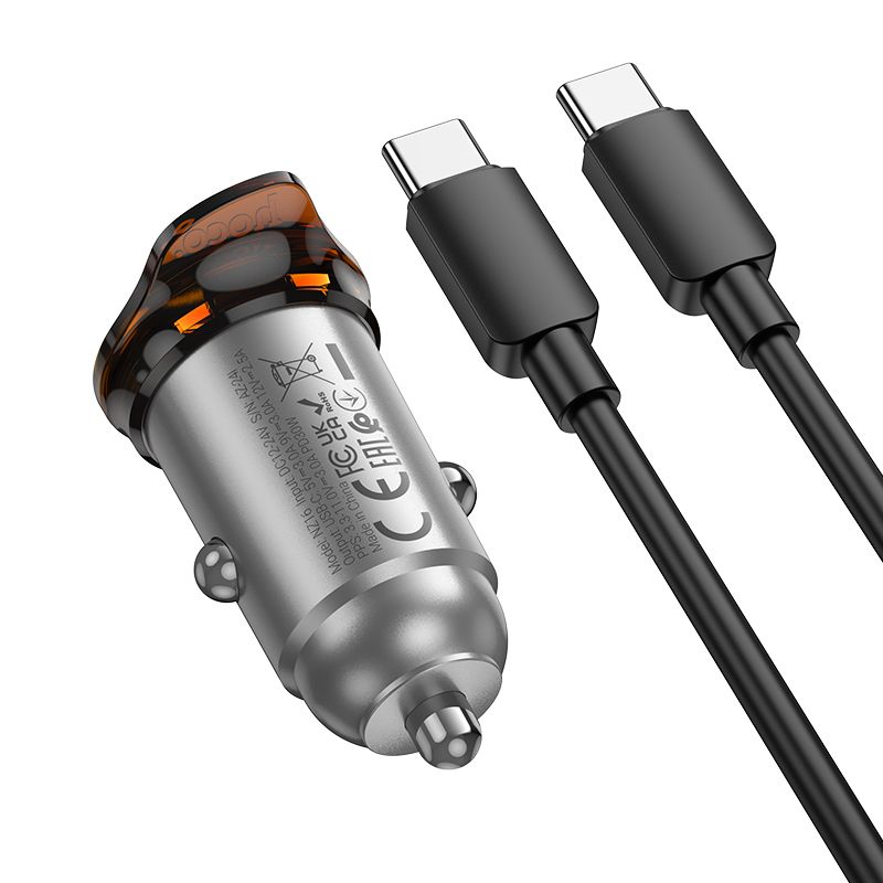 Автомобільний зарядний пристрій HOCO NZ16 Rigorous single port PD30W car charger set(C to C) Metal Grey