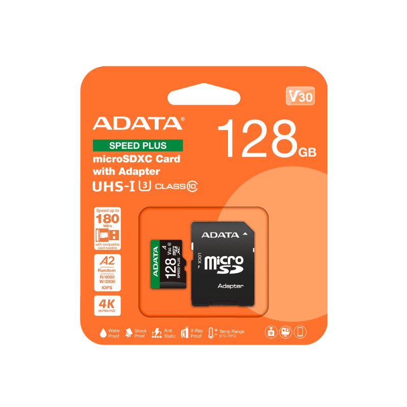 Карта пам'яті microSDXC (UHS-1 U3) A-DATA SPEED PLUS 128Gb Class 10 V30 A2 (R-180Mb/s W160Mb/s) (adapter SD)