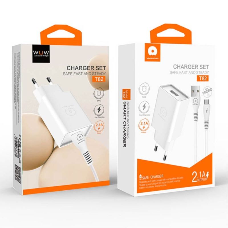 Мережевий зарядний пристрій з кабелем WUW-T82 Single USB home charger set micro