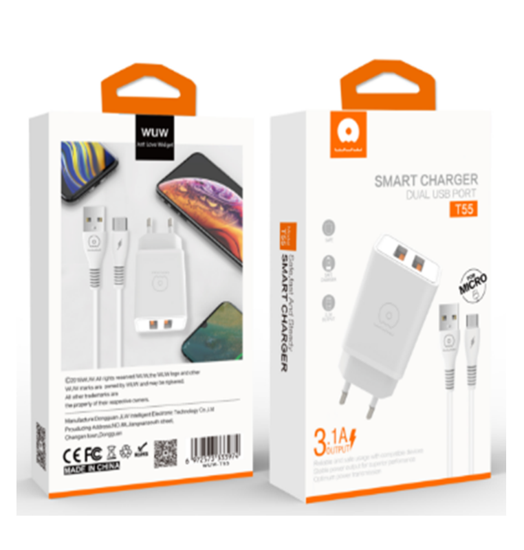 Мережевий зарядний пристрій з кабелем WUW-T55 2USB/3.1A set IP