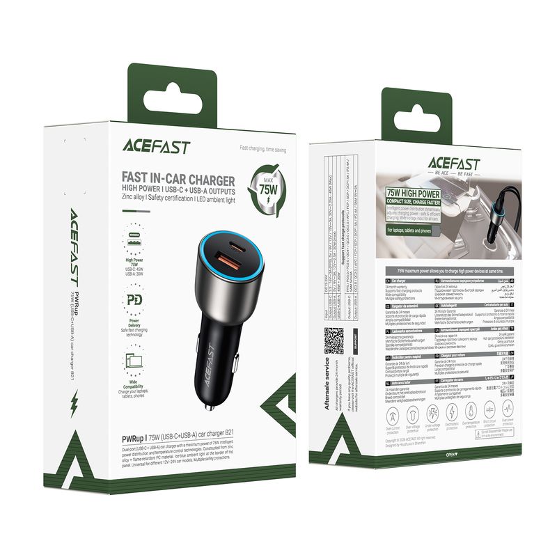 Автомобільний зарядний пристрій ACEFAST B21 75W(USB-C+USB-A)car charger Metal Gray