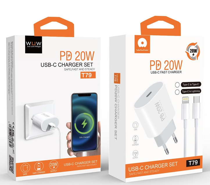 Мережевий зарядний пристрій з кабелем WUW-T79L PD 20W USB C charger with type c to lightning cable