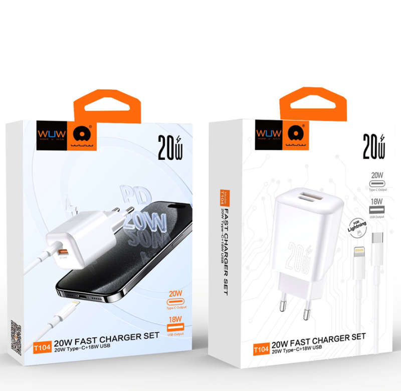 Мережевий зарядний пристрій з кабелем WUW-T104L PD20W A+C  Lightning kit