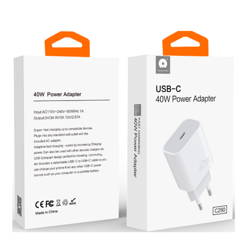 Мережевий зарядний пристрій WUW-C280 Type-C PD 40W charger