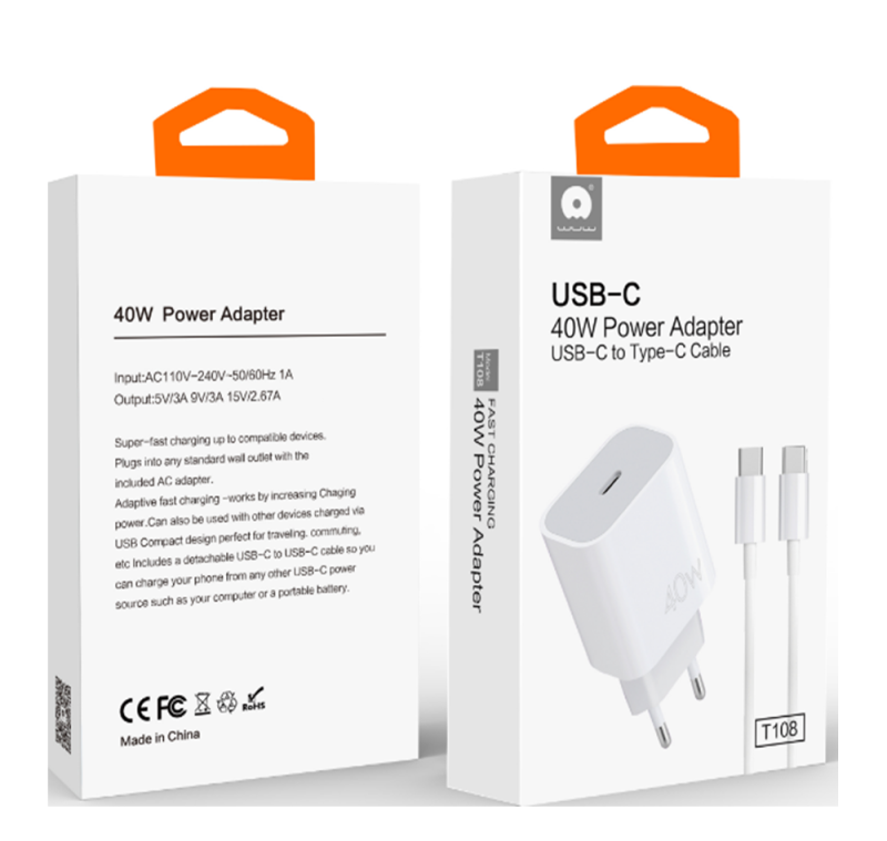 Мережевий зарядний пристрій з кабелем WUW-T108 PD 40W charger with C-C cable