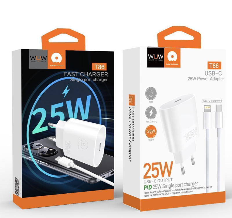 Мережевий зарядний пристрій з кабелем WUW-T86L PD 25W fast charger + USB C to lighting set