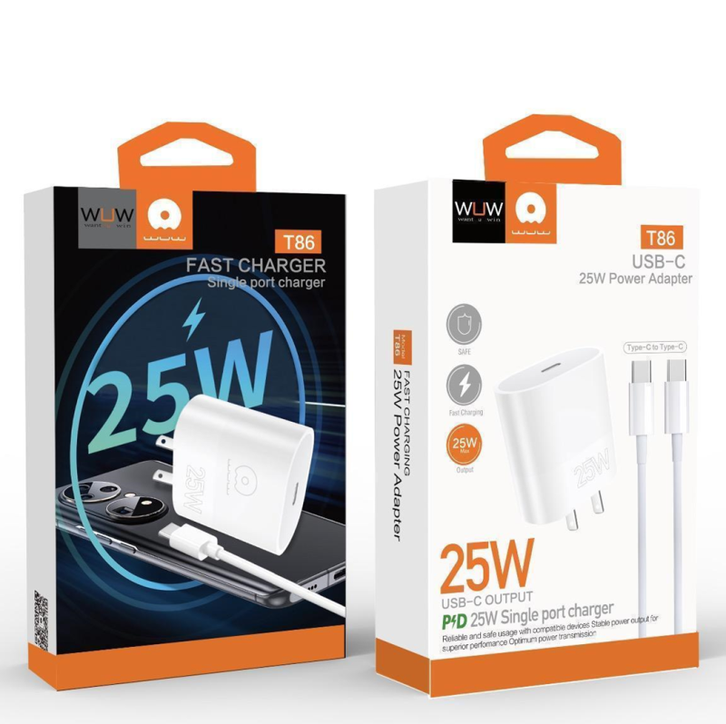 Мережевий зарядний пристрій з кабелем WUW-T86C PD 25W fast charger + USB C to USB C cable set