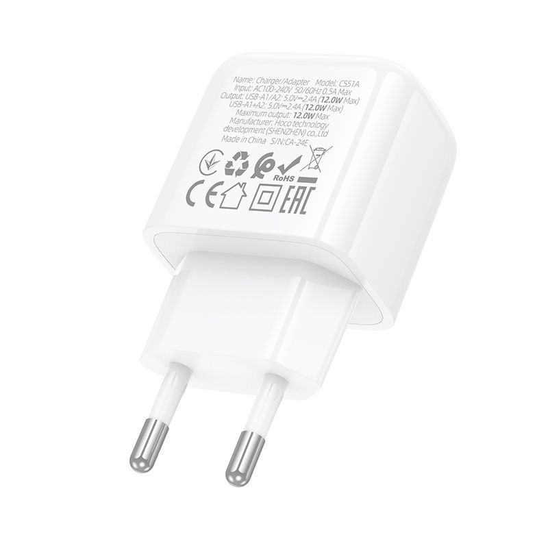 Мережевий зарядний пристрій HOCO CS51A Surplus dual-port charger(EU) White