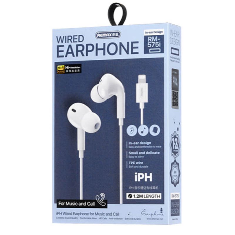 Навушники дротові REMAX Wired Earphones for Music and Call  RM-575/a/i (Lightning) White